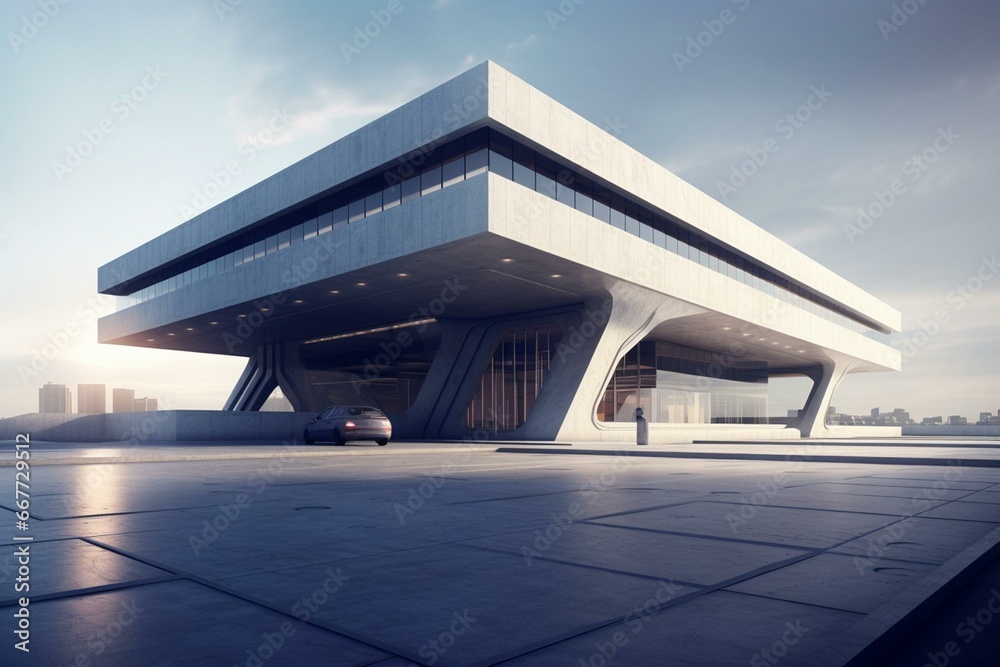 Modern 3D design showing futuristic building with parking lot and empty concrete floor. Generative AI