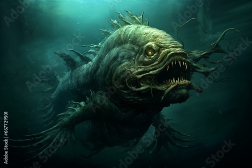 Mythical sea creature lurking in the depths, known as the sea fish monster. Generative AI