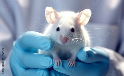 Hand of a scientist delicately holding a small mouse in a laboratory setting.