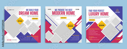 Real estate house or property sale marketing social media banner post template. Luxury home rent or apartment interior business online advertising flyer with torn paper frame and geometric background 