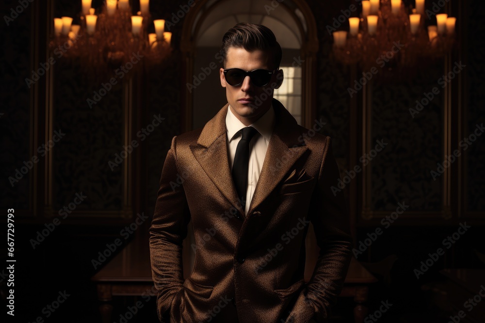 Fototapeta premium Mysterious Man in a Stylish Suit and Sunglasses