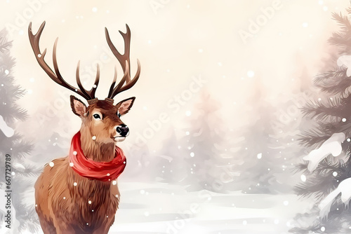 Elegant reindeer in a red Christmas scarf against snowy winter forest background. greeting card © Roxana