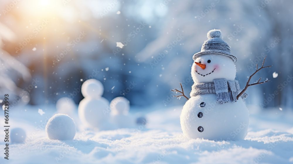 Cute snowman on the right side, a lot of snow, blurry background, bokeh, place for text.