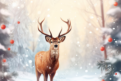 Elegant reindeer against snowy winter forest background. greeting card © Roxana