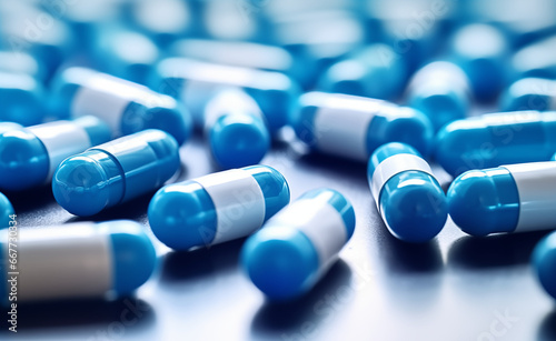 Selective focus on blue and white capsules pills spread across a clean white background.