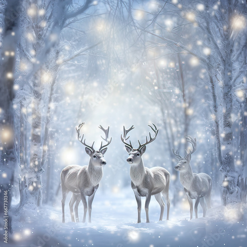 Group of Elegant reindeers against snowy winter forest background. greeting card