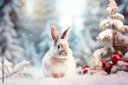 Cute rabbit or hare against snowy winter forest background. Holiday Christmas greeting card