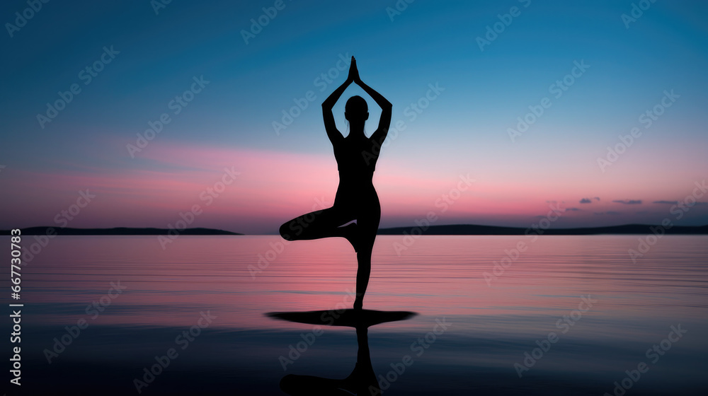 Silhouette of a person practicing yoga on sunset, blue sky with pink clouds is reflected in the calm water - Yoga Poses That Inspire Peace, Flexibility, and Mindfulness