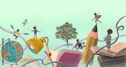 Education learning dream hope inspiration and freedom concept, girl and boy with imagination book. surreal painting. Fantasy art, conceptual artwork, happiness of child , 3d illustration