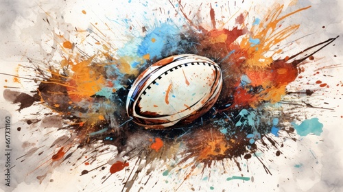 Rugby ball in watercolor splashes on a white background. Ai generative.