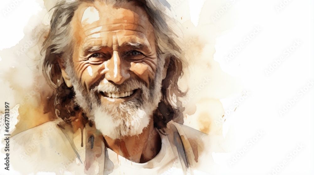 Smiling Old White Man with Brown Straight Hair Watercolor Illustration. Portrait of Casual Person on white background with copy space. Photorealistic Ai Generated Horizontal Illustration.