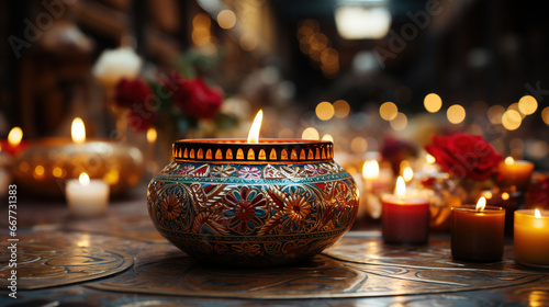 Mexican Catholic Altar Event with Candles and Flowers Defocused Background photo