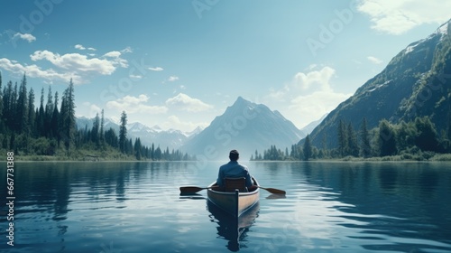 backpacker enjoying a beautiful lake surrounded by mountains in kayak generative ai