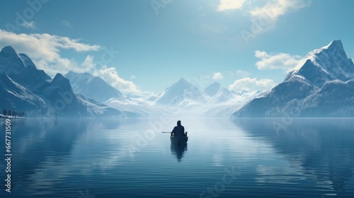 backpacker enjoying a beautiful lake surrounded by mountains in kayak generative ai