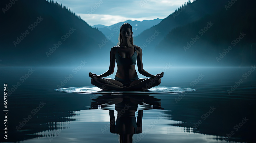 meditation in the lotus position, woman in sports bra meditating for chakra balance in a cinematic blue atmosphere, the calm of nature in the background, reflection in a screen of water - obrazy, fototapety, plakaty 
