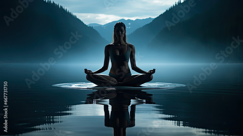 meditation in the lotus position, woman in sports bra meditating for chakra balance in a cinematic blue atmosphere, the calm of nature in the background, reflection in a screen of water photo