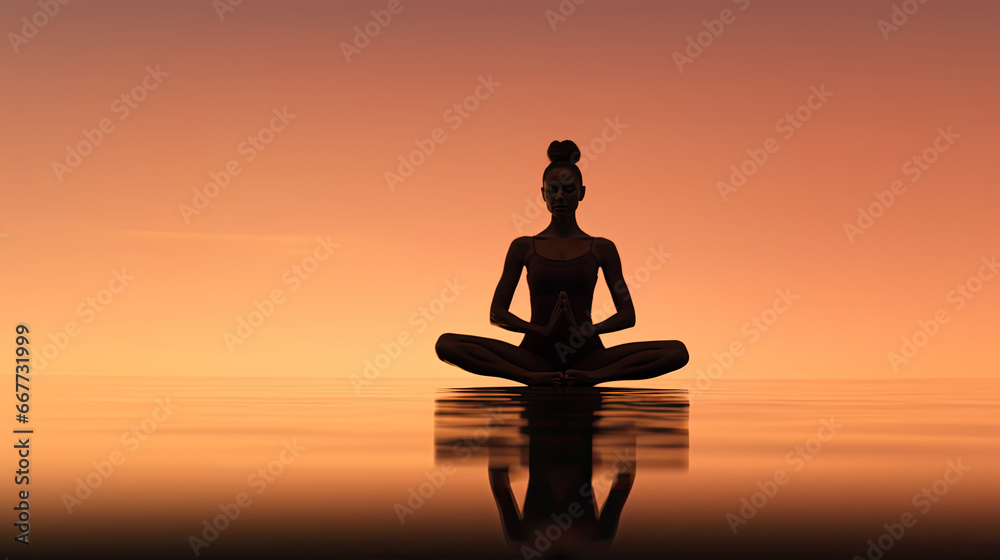 woman silhouette meditating, soft orange minimalist background, calm water reflection 