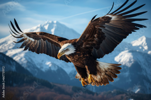 Flying eagle in mountains 