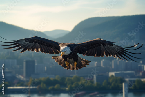 Flying eagle against city background