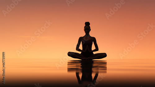 woman silhouette meditating, soft orange minimalist background, calm water reflection 