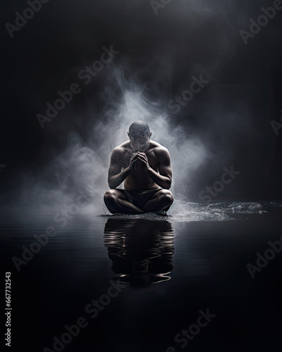 young man training martial arts and meditation, smoke emanating from his body, cinematic and dark atmosphere, super power, mental strength