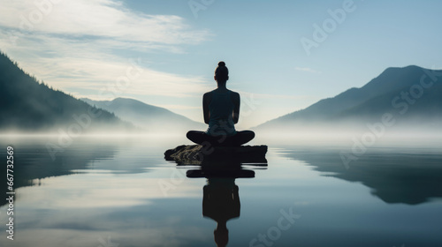woman enjoys a unique landscape early in the morning sitting on a rock in the middle of the water, silhouette of a woman in lotus position 