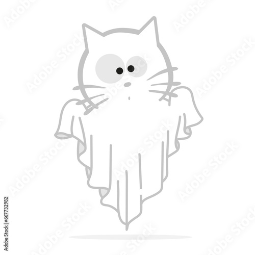 Cute kitten disguised as a floating ghost for Halloween. Vector illustration on white background