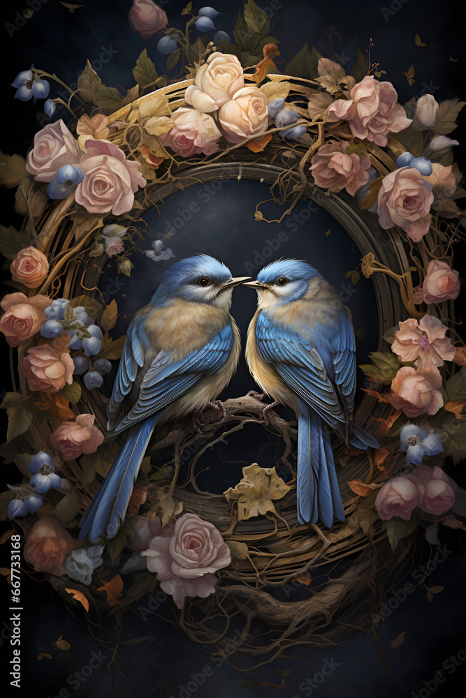 Two intricately detailed blue birds perched intimately close on a twisted, vine-like branch. Branch forms a  circle, reminiscent of a wreath, variety of pastel-colored flow. Generative AI