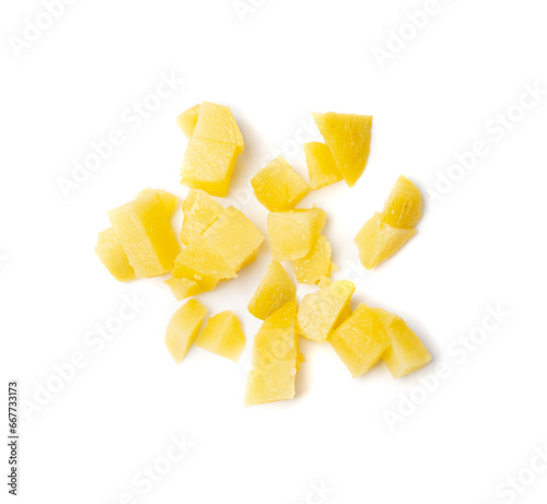 Diced Boiled Potato Pile Isolated, Chopped Potatoes, Cooked Cubed Potato on White