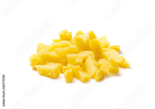 Diced Boiled Potato Pile Isolated, Chopped Potatoes, Cooked Cubed Potato on White photo