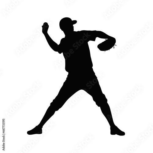 Baseball pitcher, mens' baseball pitcher throwing the curveball to the batter. Baseball player, vector silhouette of a baseball player © Haruki Yui