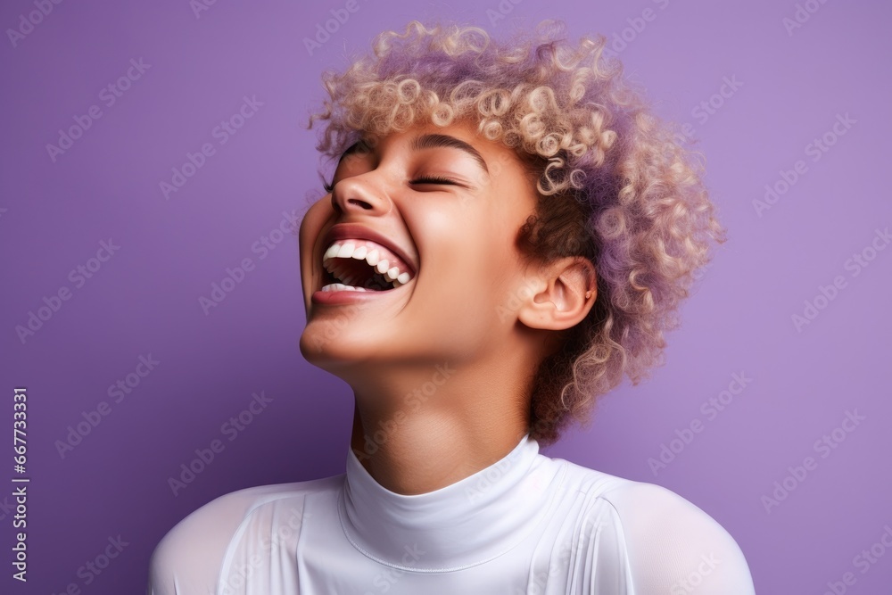 Curly-Haired Woman in White Shirt Bursting with Laughter