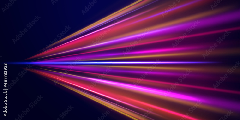 High speed effect motion blur night lights. Abstract technology light lines background 3d.  Long time exposure. Vector	
