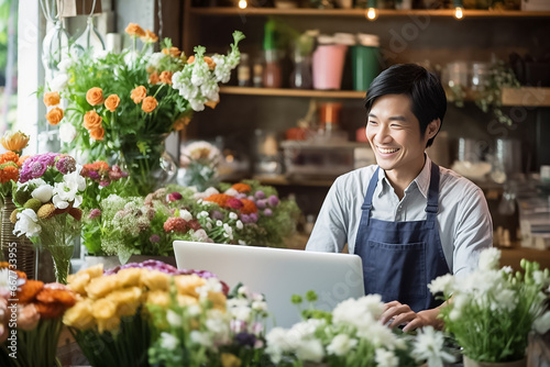 A Happy smiling Asian people in a green apron preparing and using a tablet a flower vase for customers in a flower shop full of various flowers and plants. Generative AI. © Surachetsh