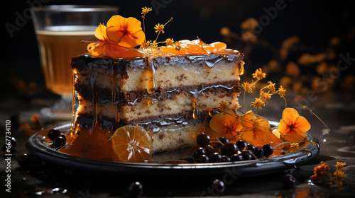 Dark Cake With Dripping Chocolate Syrup and Decorated Fruits Moody Food Photography Defocused Background