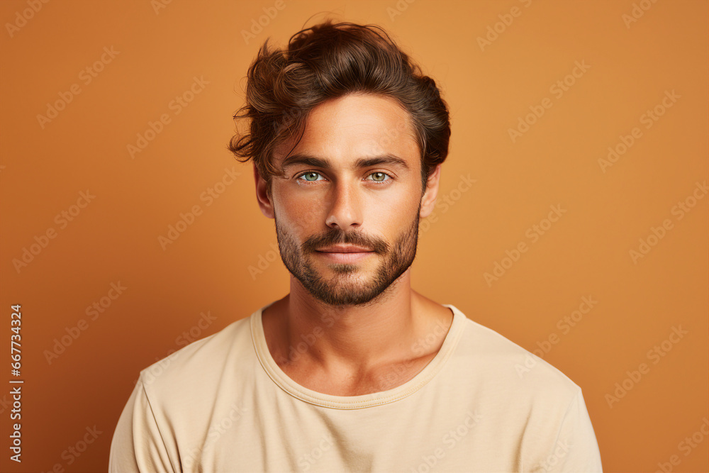 Generative AI portrait of a very handsome brown hair man isolated on beige background Generative AI portrait of a very handsome brown hair man isolated on beige background