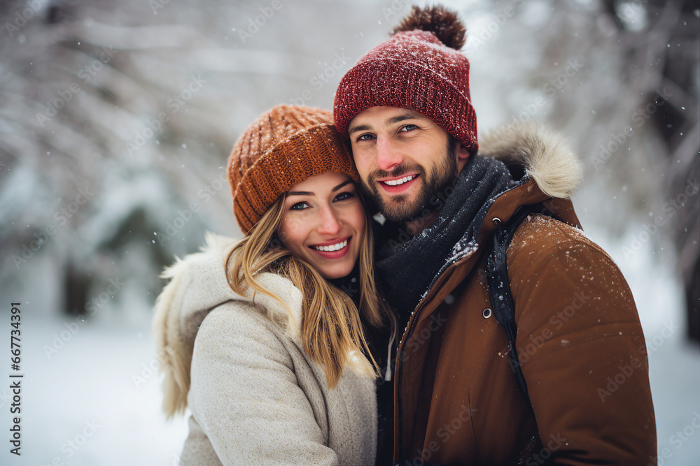 Generative AI image of happy cute beautiful hugging couple walking in winter park snowy frosty cold day Generative AI image of happy cute beautiful hugging couple walking in winter park snowy frosty cold day