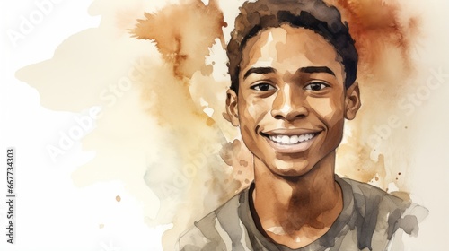 Smiling Teen Black Man with Brown Straight Hair Watercolor Illustration. Portrait of Casual Person on white background with copy space. Photorealistic Ai Generated Horizontal Illustration.
