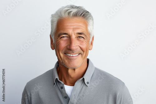 Portrait of handsome man with bright smile veneers after dentist isolated on white background