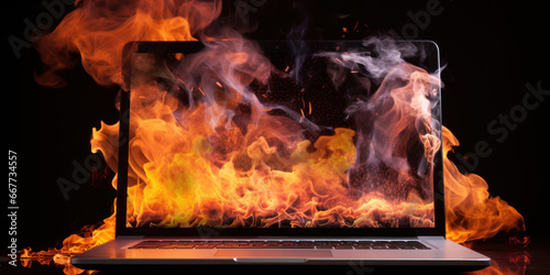 Laptop fiercely burning and smoking.