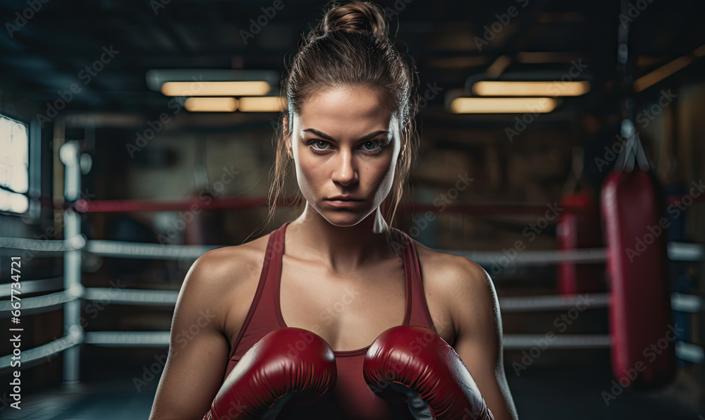 Powerful stance of a woman boxer.