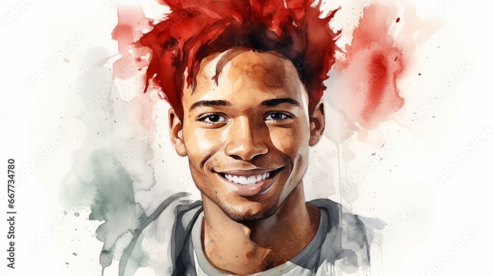 Smiling Teen Black Man with Red Straight Hair Watercolor Illustration. Portrait of Casual Person on white background with copy space. Photorealistic Ai Generated Horizontal Illustration.