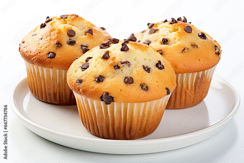Chocolate chip muffins, freshly baked and lovingly arranged, set against a clean white background to showcase their mouthwatering appeal. Chocolate chip muffins, freshly baked and lovingly arranged, set against a clean white background to showcase their mouthwatering appeal.