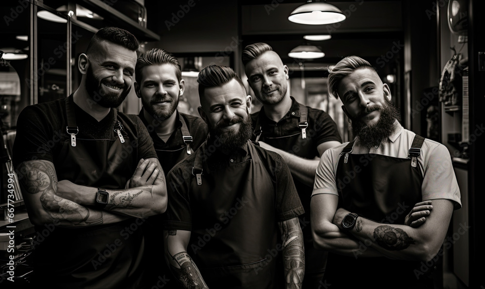 Professional barbers engage in conversation in a busy.