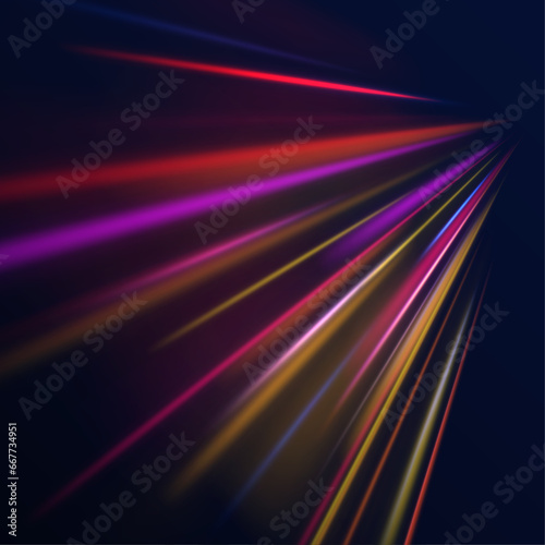 Acceleration speed motion on night road. Illustration of light ray, stripe line with blue light, speed motion background. Glitter blue wave light effect. 