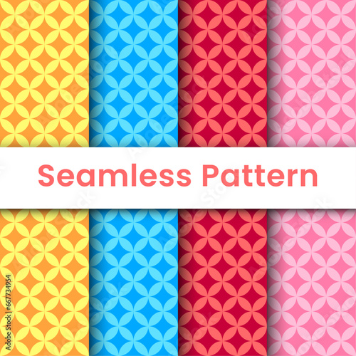 Seamless pattern of colorful geometric batik, beautiful flowers, circles, stars, for decoration, wallpaper, wrapping paper, fabric and flooring