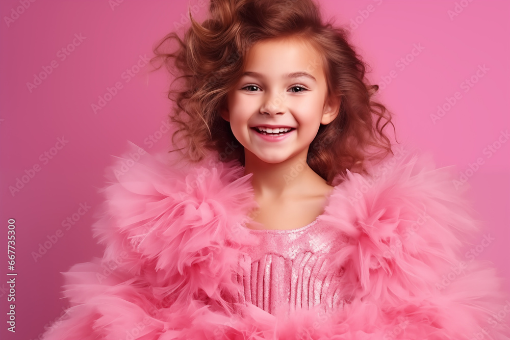 Happy preschool child girl wearing pink dress posing in front of pink background. Happy preschool child girl wearing pink dress posing in front of pink background.