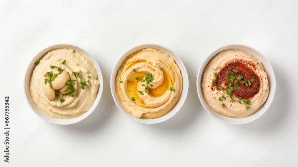 bowl of hummus on a white background, top view. vegetarian homemade snack. Arabic food. bowl of hummus on a white background, top view. vegetarian homemade snack. Arabic food.