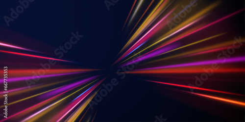Acceleration speed motion on night road. Illustration of light ray, stripe line with blue light, speed motion background. Glitter blue wave light effect.	 photo