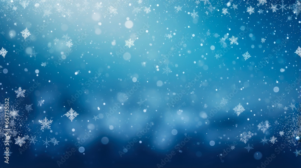 Snow Blue Background. Beautiful Blue Winter Scene with Falling Snowflakes and Blurred Bokeh. Perfect for Christmas Greetings.